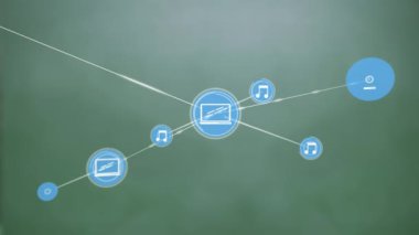 Animated 3d illustration of laptop and music note icons moving and connecting by digital lines. Digital composite, technology, global, communication, futuristic, networking, sharing, music.