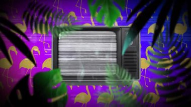 Animation of plants and flamingos over vintage tv. Media, television, communication and information concept digitally generated video.
