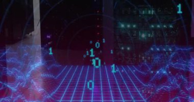 Animation of binary code over digital space and servers. Computers, network and technology concept digitally generated video.