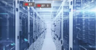 Animation of media icons over server room. Global business and digital interface concept digitally generated video.