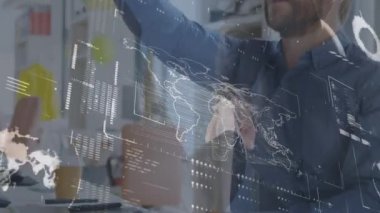 Animation of digital screen with data processing over caucasian man in vr headset. Network, virtual reality, business and communication concept digitally generated video.