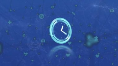 Animation of ticking clock and network of digital icons against shooting stars on blue background. Global networking and business technology concept