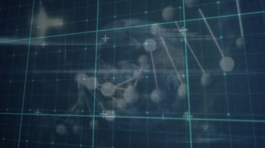 Animation of grid network over dna structure spinning against globe on blue background. Medical research and science technology concept