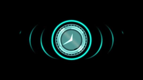 Animation Clock Moving Black Background Digital Screen Interface Technology Concept — Vídeos de Stock