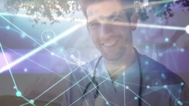 Animation Interconnecting Dots Lines Portrait Smiling Male Caucasian Doctor Digital — Stockvideo