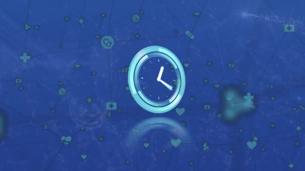 Animation Ticking Clock Network Digital Icons Shooting Stars Blue Background — Vídeo de stock