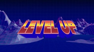 Animation of level up over metaverse landscape on navy background. video games, communication and entertainment concept digitally generated video.