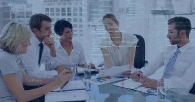 Animation of graphs and data over diverse businesspeople in office. Business, finance, economy and technology concept digitally generated video.