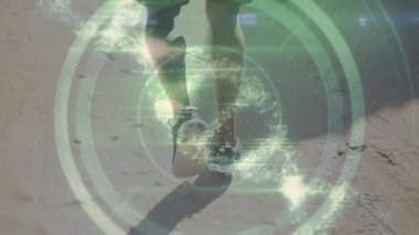 Animation of screen with scientific data and dna over legs of caucasian man running. Sport, fitness and biological function monitoring concept digitally generated video.