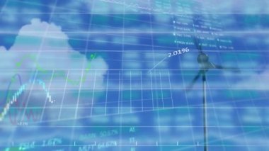 Animation of green line processing with statistics over grid. Global business digital interface technology and networking concept digitally generated video.