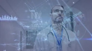 Animation of network of connections over caucasian male doctor walking in hospital corridor. Medical healthcare and technology concept