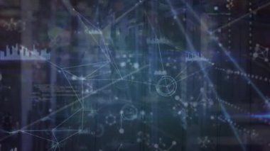 Animation of globe and network of connections over connected people icons. Global connections technology digital interface and connections concept digitally generated video.