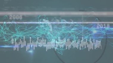 Animation of glitch over graphs, numbers, data and waves on dark background. Global network, finance, data processing and technology concept digitally generated video.