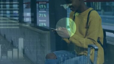 Animation of financial data processing and statistics over african american woman using smartphone. Global business, data processing and technology concept digitally generated video.