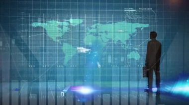 Animation of data processing and statistics over world map and businessman. Global business, computing and data processing concept digitally generated video.
