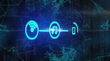 Animation of digital icons over networks of connections. Global networks, connections, computing and data processing concept digitally generated video.