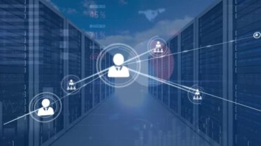 Animation of network of profile icons and data processing over server room against clouds in the sky. Global networking and business data storage technology concept