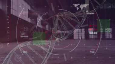 Animation of screen with scientific data and dna over legs of caucasian man jumping. Sport, fitness and biological function monitoring concept digitally generated video.