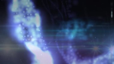 Animation of data processing on tablet screens over blue background. global data processing, computing and digital interface concept digitally generated video.