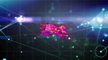 Animation of 6g text in pink over communication network and graphs processing data on black. Global communication, data security and digital interface concept digitally generated video.