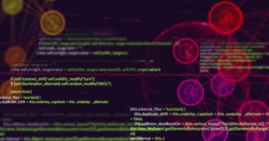 Animation of digital computer icons interconnecting with lines and programming language data. Hologram, digitally generated, coding, telecommunications, futuristic, infographic and technology.