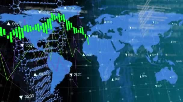 Animation Data Processing World Map Dna Strand Global Business Digital — Vídeo de stock