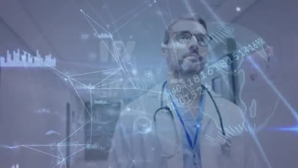 Animation Network Connections Caucasian Male Doctor Walking Hospital Corridor Medical — Stock videók