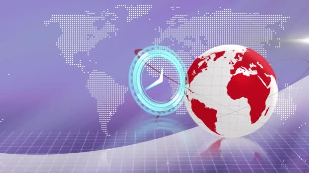 Анімація Неонового Годинника Обертальному Глобусі Карта Світу Фіолетовому Фоні Концепція — стокове відео