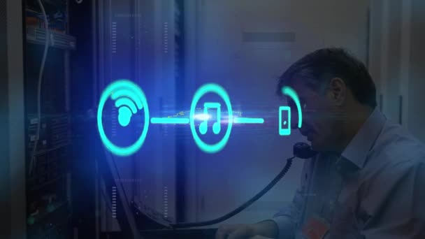 Animation Network Digital Icons Caucasian Male Engineer Talking Phone Server — Stockvideo