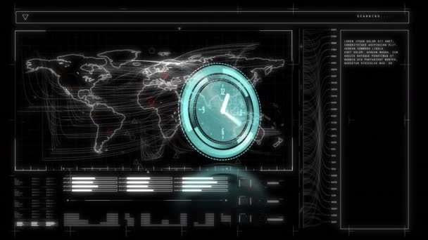 Animation Scope Scanning Clock Data Processing Black Background Global Technology — Vídeos de Stock