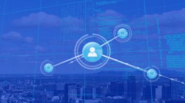 Animation of network of connections with icons and data over cityscape. Global business, computing, connections, networks and data processing concept digitally generated video.