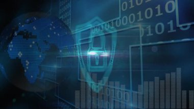 Digital video of globe and binary coding with computer network security logo. Motion graphics, networking, global communications, security.