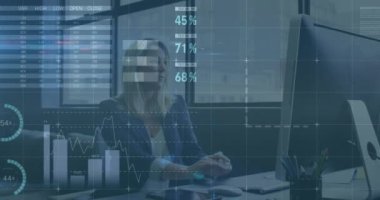 Animation of data processing over caucasian businesswoman using computer at office. Global business, computing and digital interface concept digitally generated video.