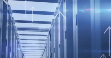Animation of arrows and data processing over computer servers. Global social media, computing, data processing and digital interface concept digitally generated video.