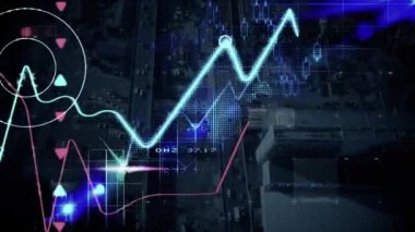 Animation of financial data processing over scope scanning and cityscape. global finances, computing and digital interface concept digitally generated video.