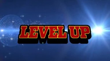 Animation of level up and stars on night sky. video game, communication and entertainment concept digitally generated video.