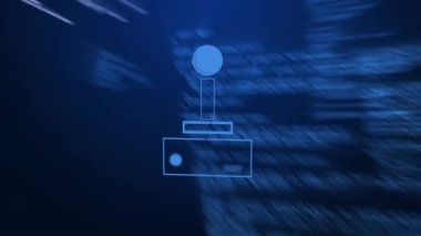 Animation of tech icon over data processing in navy digital space. Computers, network, data processing and technology concept digitally generated video.