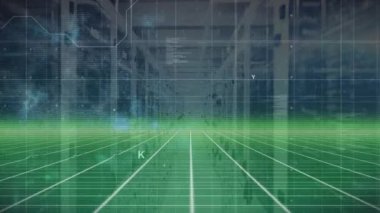 Animation of data processing over digital green screen over servers. Network, computers, data processing and technology concept digitally generated video.