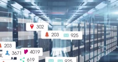 Animation of social media icons and numbers and data processing over computer servers. Global social media, computing, data processing and digital interface concept digitally generated video.