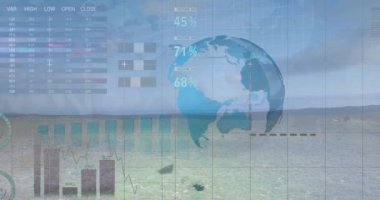 Animation of globe with graphs and charts processing data over countryside landscape. Global communication, business, data and digital interface concept digitally generated video.