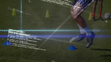 Animation of digital interface over football players. global connections, sports and competition concept digitally generated video.