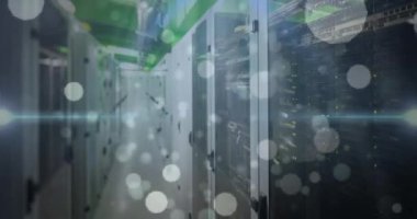 Animation of spots over server room. Global business and digital interface concept digitally generated video.