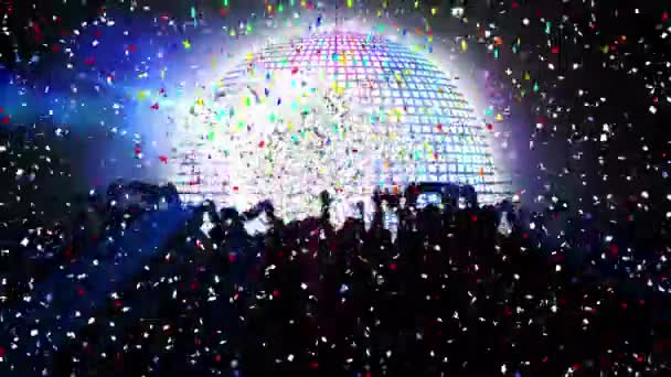 Animation Confetti Disco Ball Rotating Background People Silhouettes Party Disco — Vídeos de Stock