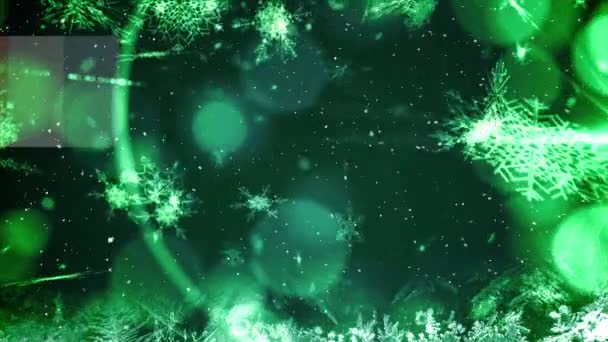 Animation Snowflakes Snow Bokeh Green Background Winter Christmas Celebration Concept — 图库视频影像