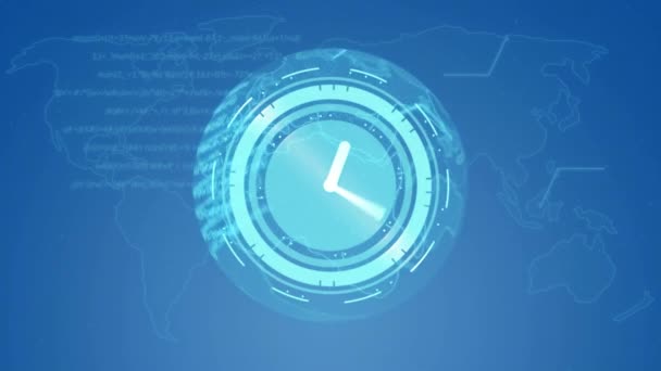 Animation Neon Ticking Clock Spinning Globe World Map Blue Background — Stock videók