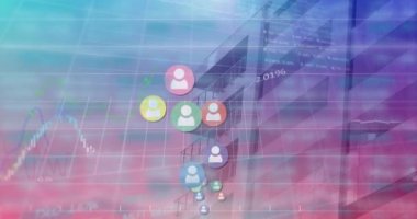 Animation of colorful profile icons moving with line graph and trading board against building. Digital composite, multiple exposure, social media, telecommunications, investment, finance, data.
