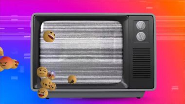 Animation of emoticons over vintage tv on colorful background. Media, television, communication and information concept digitally generated video.