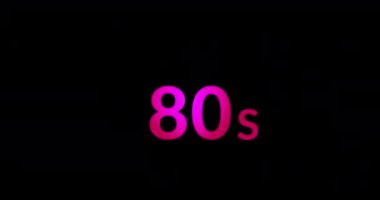 Animation of 80s text on black background. Music, party, clubbing and disco concept digitally generated video.