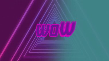 Animation of wow pink text over tunnel of glowing triangles. Social media, colour, movement and communication concept digitally generated video.