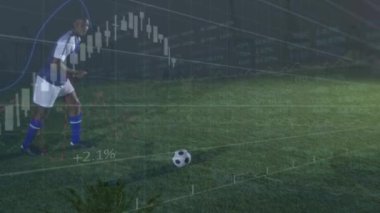 Animation of data processing and statistics over african american football player on pitch. Global sports, competition, computing and data processing concept digitally generated video.